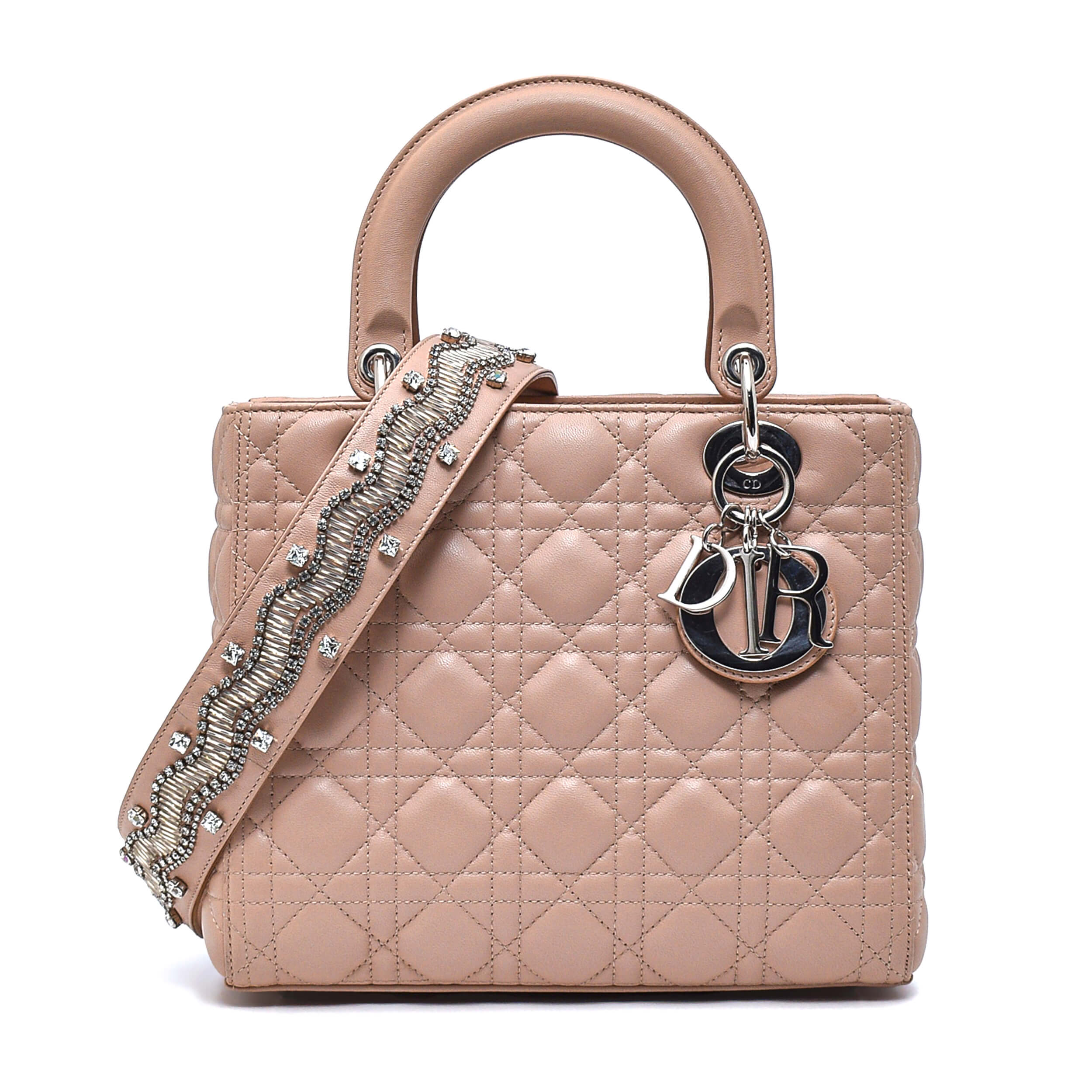 Christian Dior - Beige Cannage Leather Small Lady Dior Bag / Stone Detail Strap 